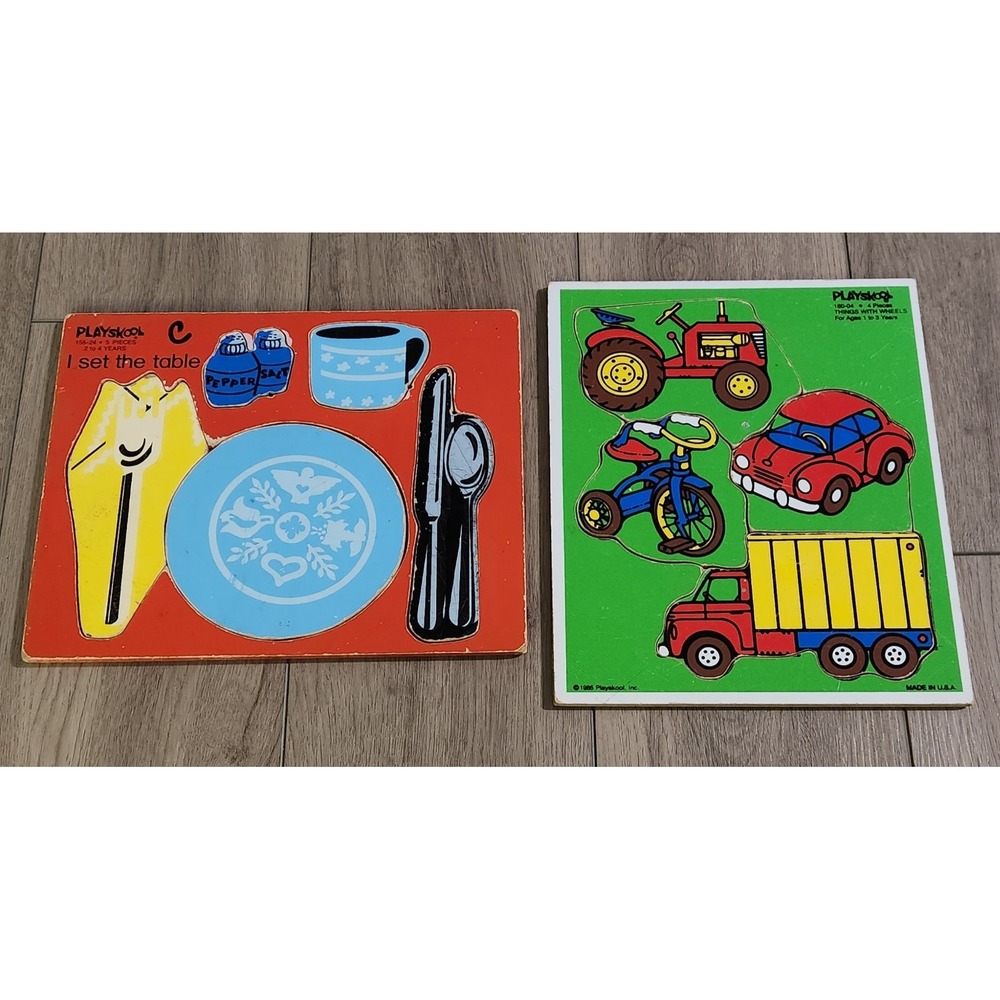 2 Vintage Playskool Wooden Puzzles Set The Table & Things With Wheels 1-4‎ Ages